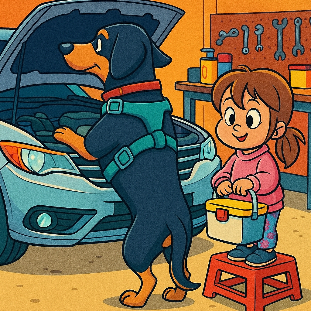 Cartoon dog and girl in a garage setting with tools and car parts.